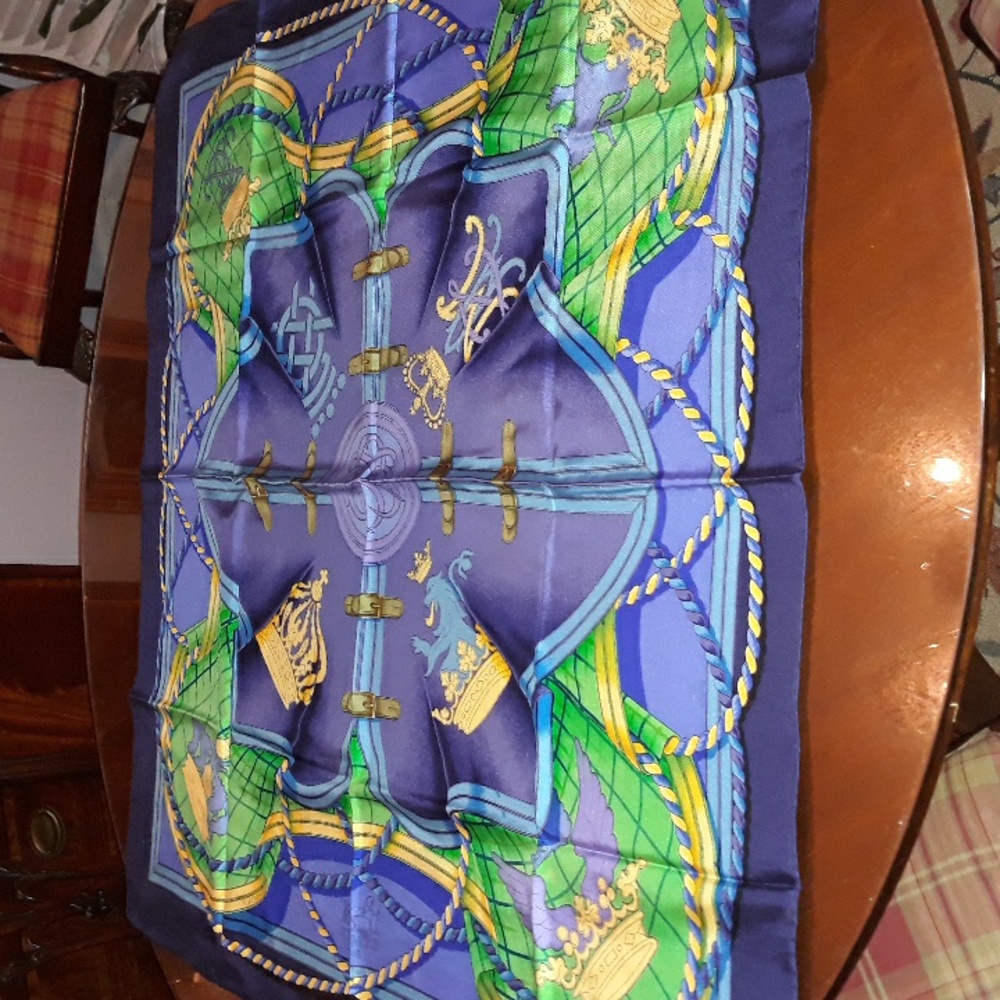 HERMES ULTRA RARE GRANDE TENUE BLUE/GREEN/YELLOW SILK SQUARE BY H. d'Origny
